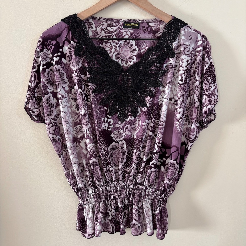 Paris Pink Purple Floral Snakeskin Print Crochet Lace Trim Smocked Waist Top L